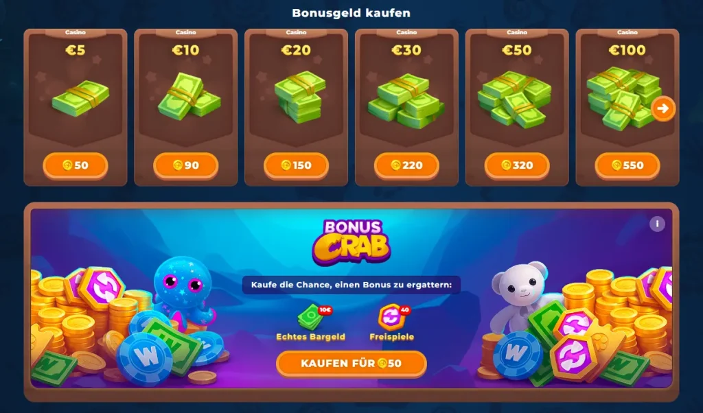 Wazamba Casino Bonus Crab Feature mit Bonusgeld kaufen und Freispiele Auswahl