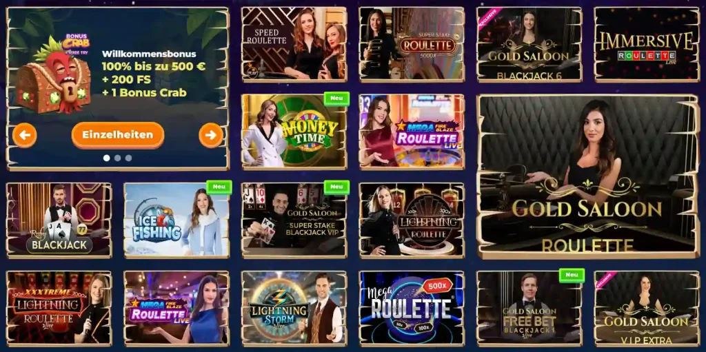 Wazamba Casino Live Casino Bereich mit Roulette, Blackjack und Spielauswahl