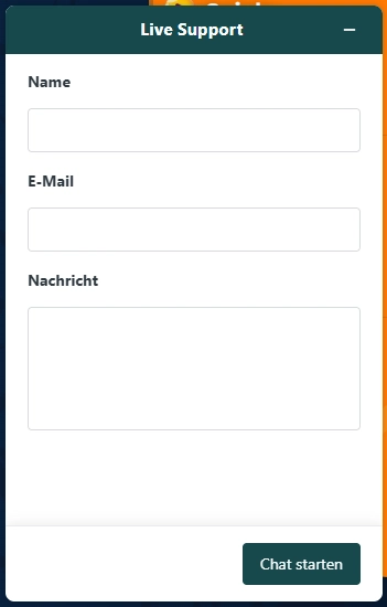 Wazamba Casino Live Support Chat Formular mit Feldern für Name, E-Mail und Nachricht