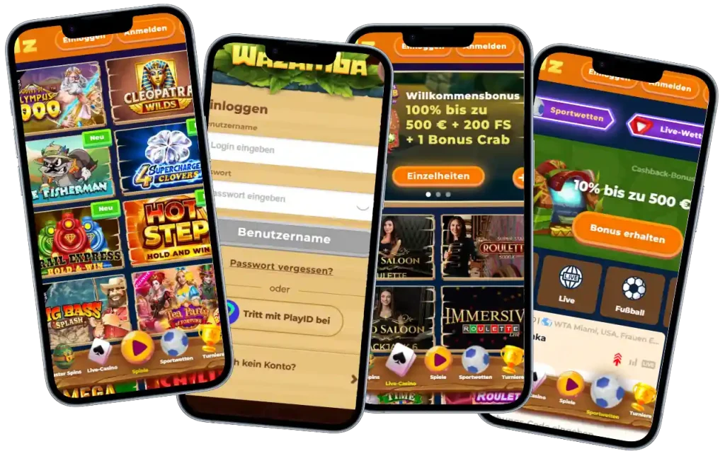 Wazamba Casino mobile Ansicht mit Slots, Live Casino und Sportwetten