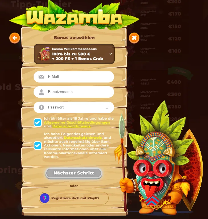 Wazamba Casino Registrierung mit Willkommensbonus Auswahl und Formular