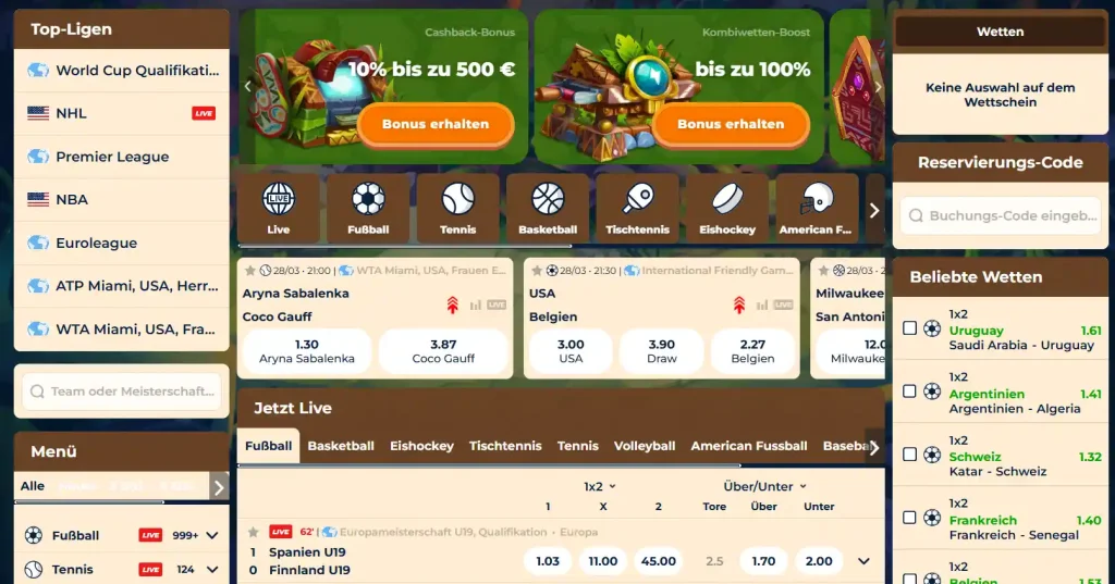 Wazamba Casino Sportwetten Bereich mit Live Wetten und Wettangeboten